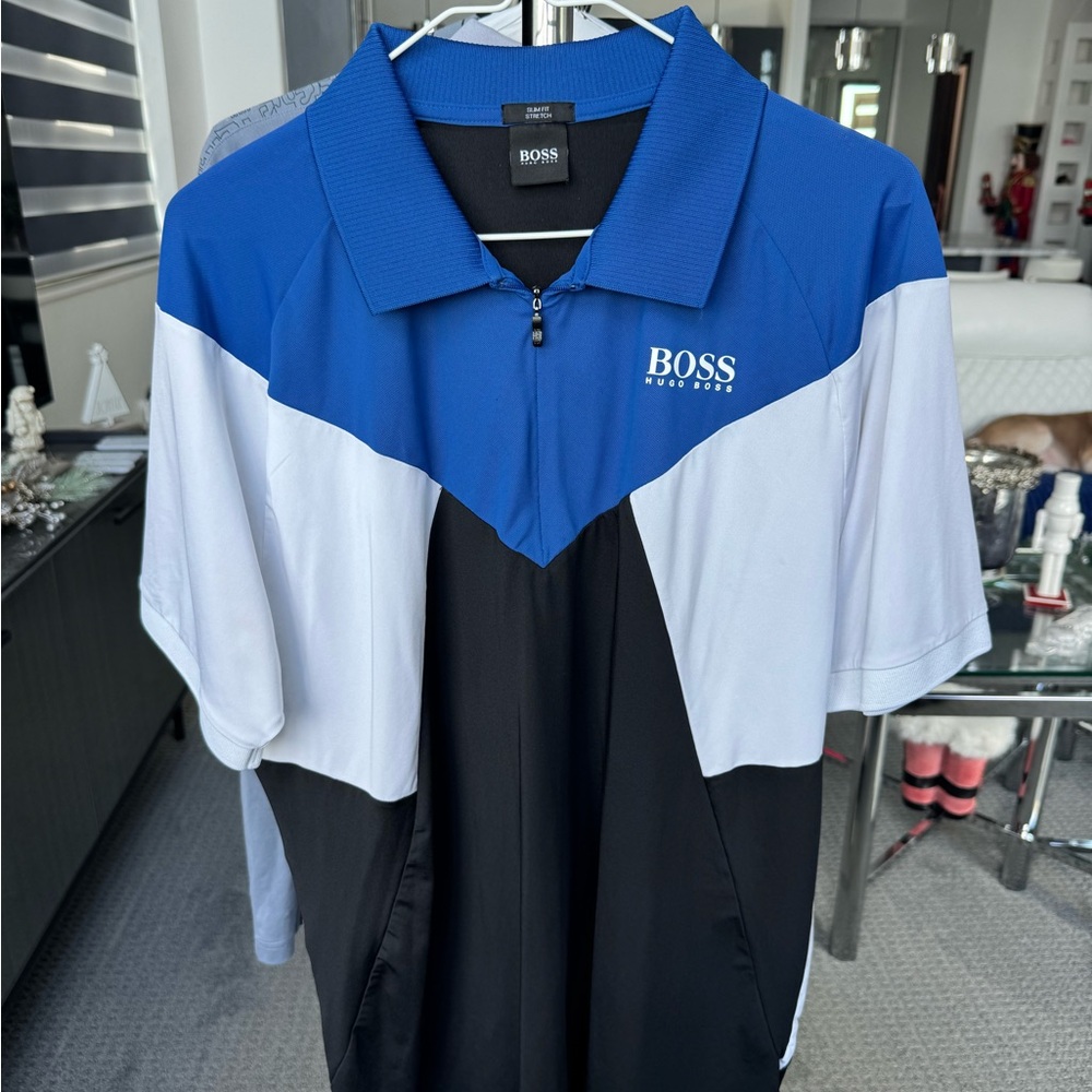 Hugo Boss Men's XXL Color-Block Zip-Neck Polo Shirt